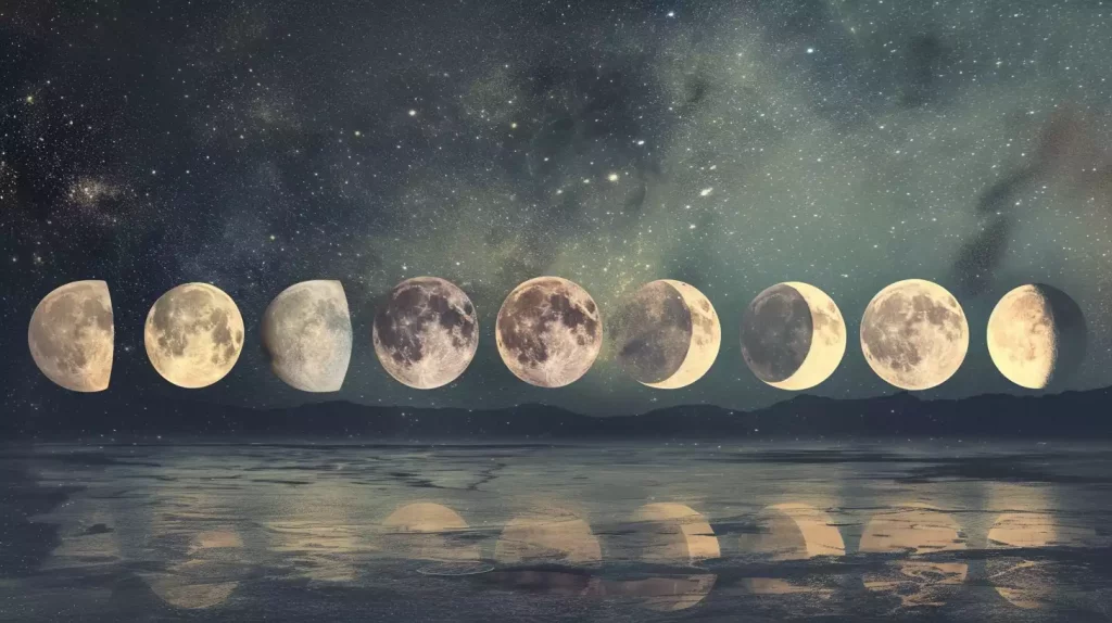 Séquence de phases lunaires au-dessus d'un paysage nocturne avec reflets sur l'eau.