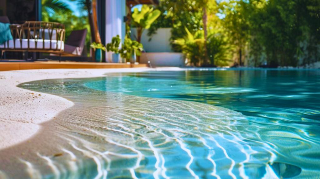 Vue rapprochée d'une piscine lagon aux bords sablés conçue par un paysagiste Toulouse.