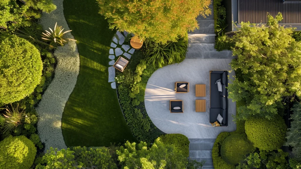 Vue aérienne d'une des Créations Garden Project, montrant un jardin paysager innovant avec espaces aquatiques et zones de détente.